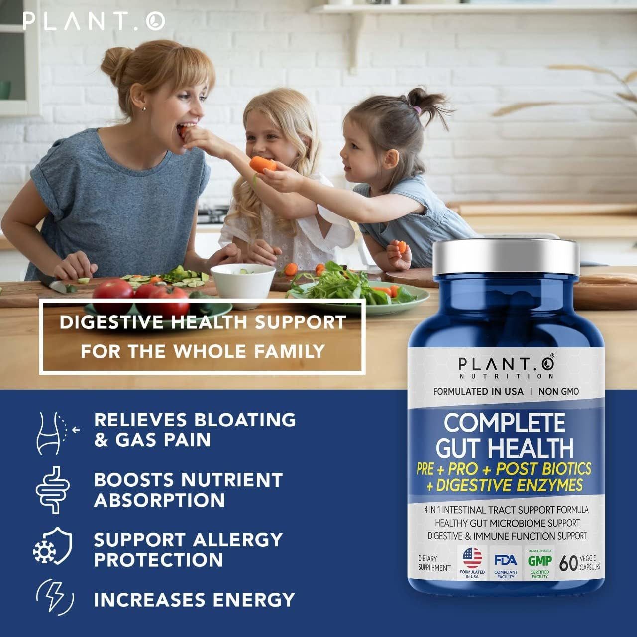 PLANT.O NUTRITION Complete Gut Health – 60 Capsules | 4-in-1 Digestive & Gut Support