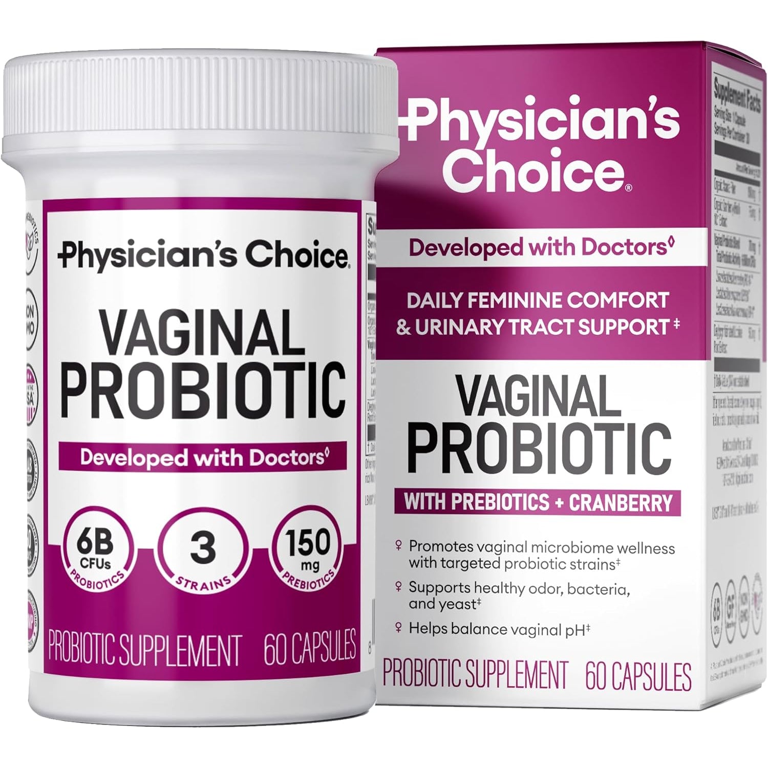 Physician's Choice Vaginal Probiotics – 6 Billion CFU, Cranberry & Prebiotics for pH Balance & Feminine Health | 60 Capsules