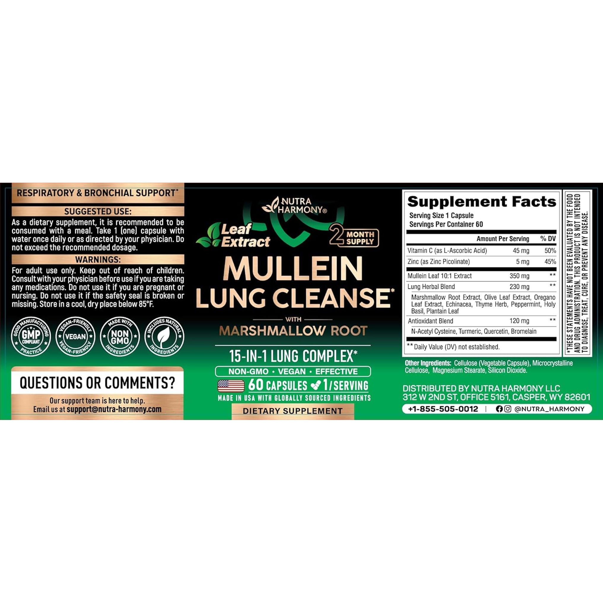 NUTRAHARMONY USDA Organic Mullein Leaf Drops - 60 capsules | Liquid Lung Support & Respiratory Health | Natural Herbal Extract