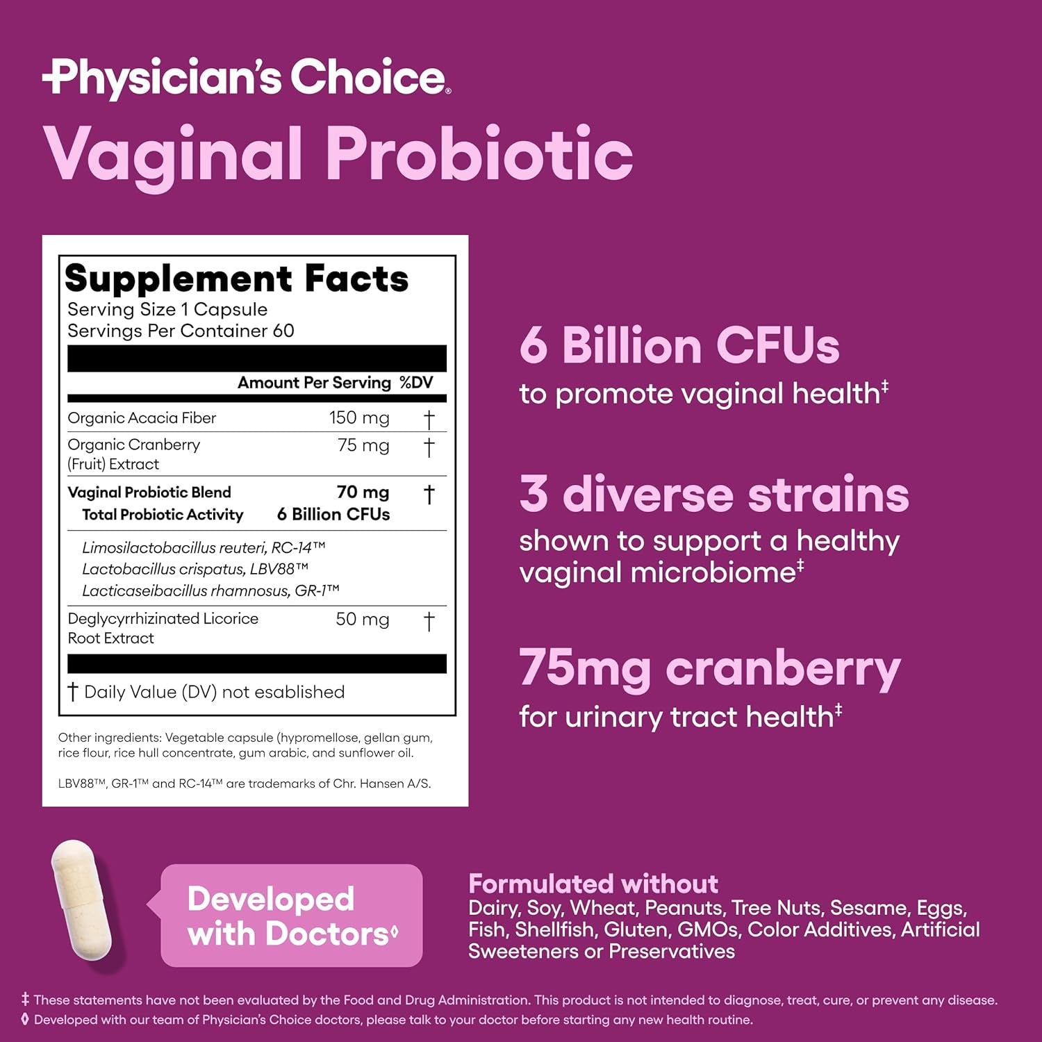 Physician's Choice Vaginal Probiotics – 6 Billion CFU, Cranberry & Prebiotics for pH Balance & Feminine Health | 60 Capsules