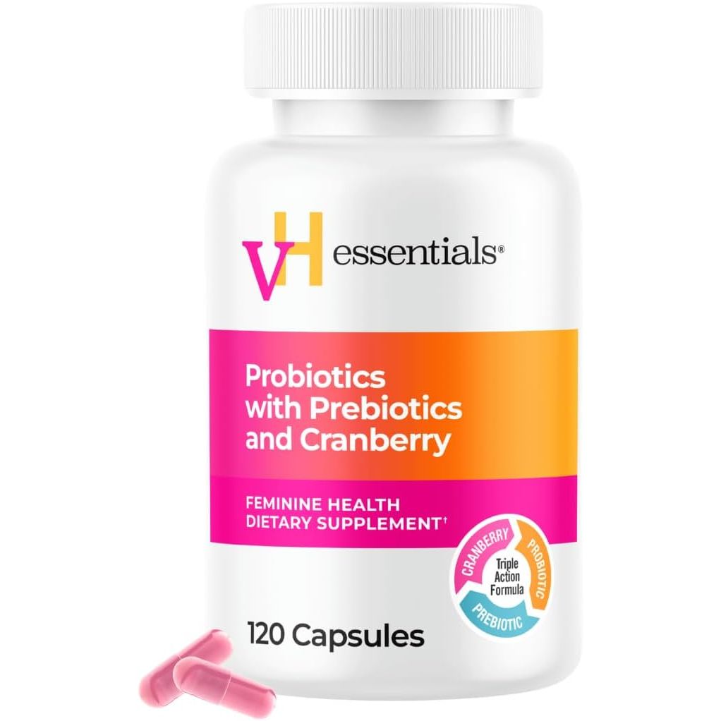Probiótico con arándano rojo y vitamina C de vH Essentials para mujer – Prebióticos para la salud intestinal, vaginal y del tracto urinario | Suministro para 60 días | 120 cápsulas