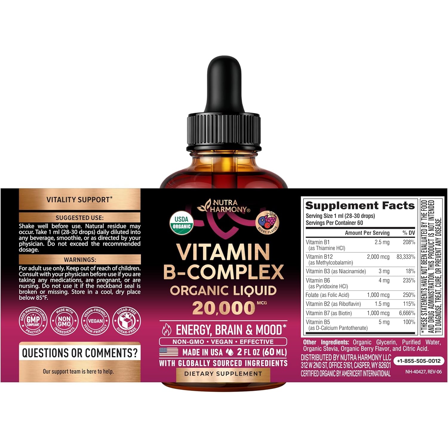 NUTRAHARMONY B-Complex Supplement — 60ml| Methylcobalamin B12, Pantothenic Acid, Pyridoxine, Niacinamide | Energy & Nervous System Support