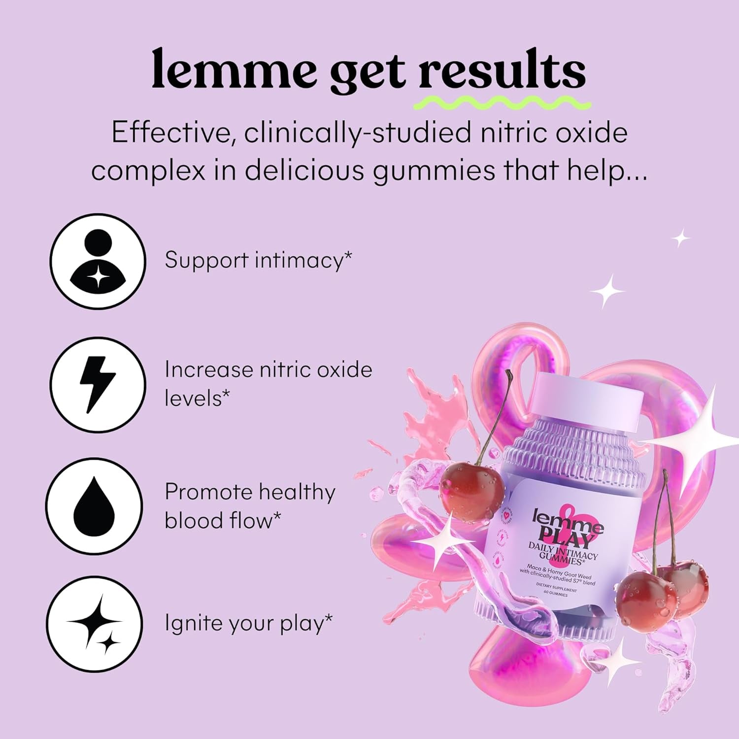 Play Daily Intimacy Gummies for Women and Men W/Clinically-Studied S7 Nitric Oxide Complex for Healthy Blood Flow, Maca Root, Goat Weed - Cherry Flavored (60 Count)