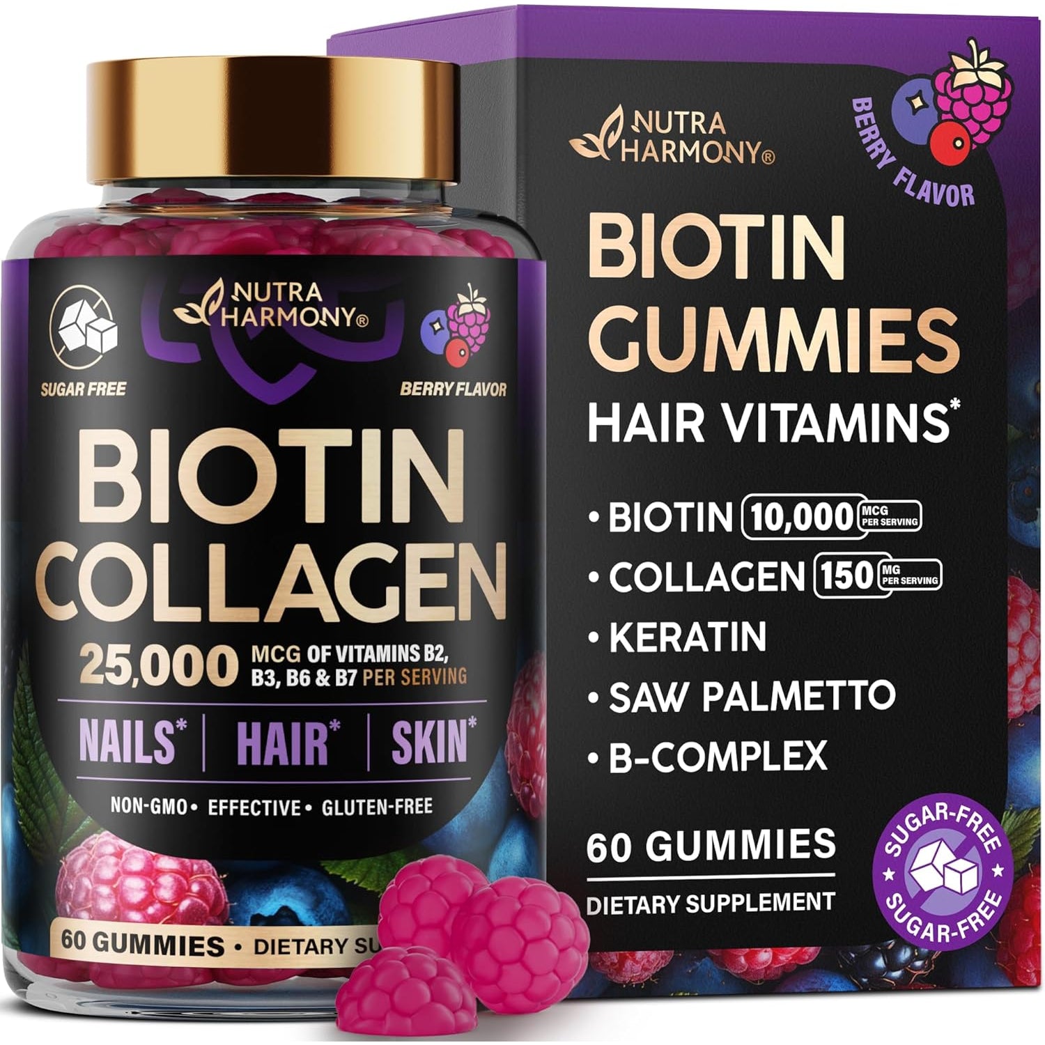 NUTRAHARMONY Biotin, Collagen & Hyaluronic Acid Gummies | Hair, Skin & Nail Support | Sugar-Free | 60 Count