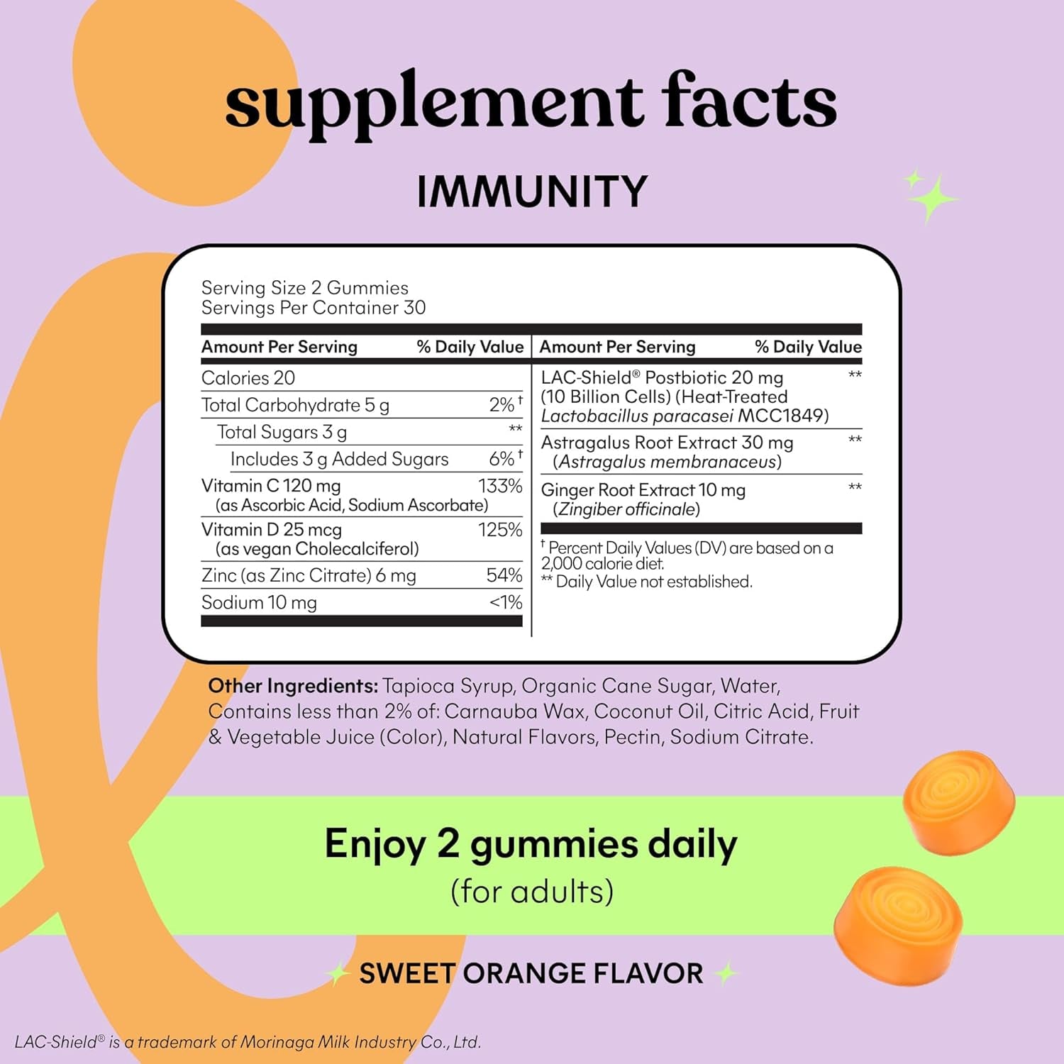 Immunity Postbiotic Gummies with Vitamin C, Vitamin D (2000 IU), Zinc, 10 Billion Postbiotic Cells, Astragalus for Immune Support - Vegetarian, Gluten Free, Sweet Orange (60 Count)