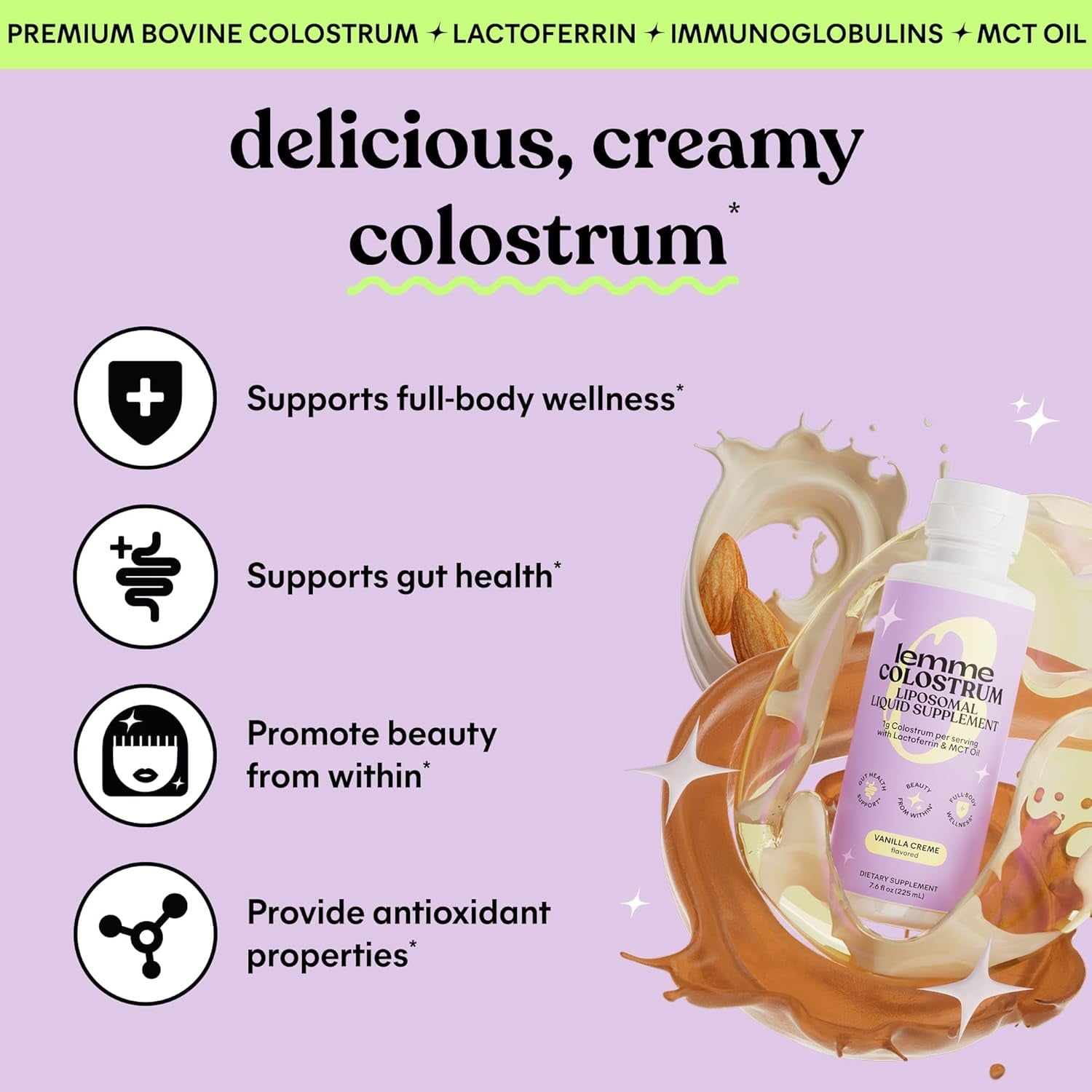 Colostrum Coffee Creamer for Gut, Skin, Hair & Healthy Aging, Sugar Free Liposomal & Grass Fed 1G Colostrum W/Lactoferrin, MCT Oil, Immunoglobulins, Vanilla Creme Flavored