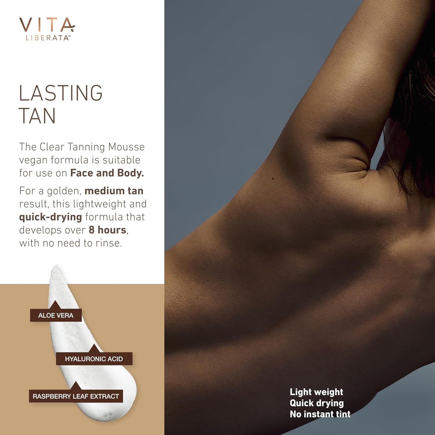 Vita Liberata Clear Self Tanner Mousse - Medium, Lightweight & Fast Drying Formula, Untinted for Minimal Transfer, Lasting Tan, Formulated with Organic Aloe Vera & Hyaluronic Acid, 6.76 Fl Oz