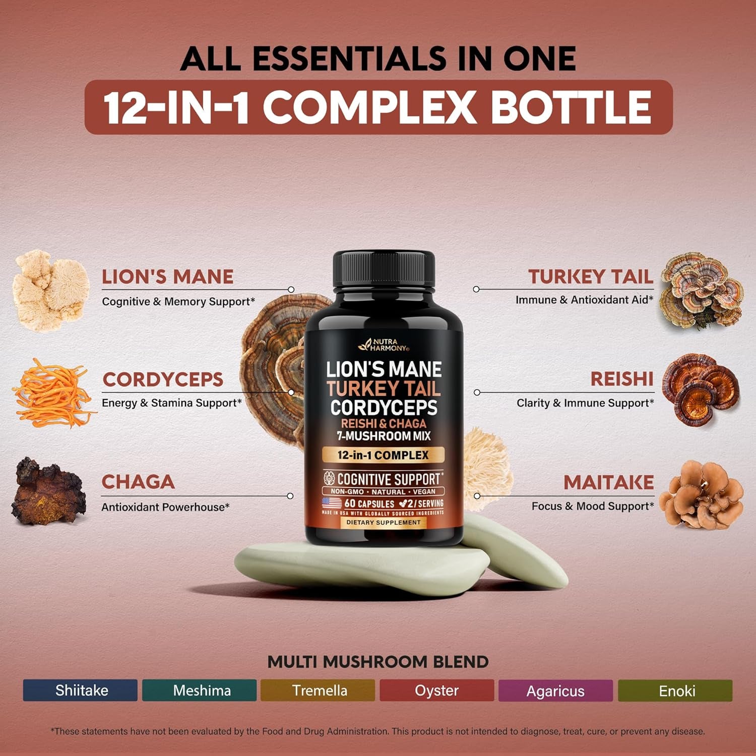 NUTRAHARMONY 12 Mushroom Complex — 60 Capsules | Cordyceps, Shiitake & 10 More | Immunity, Energy & Adaptogen Blend