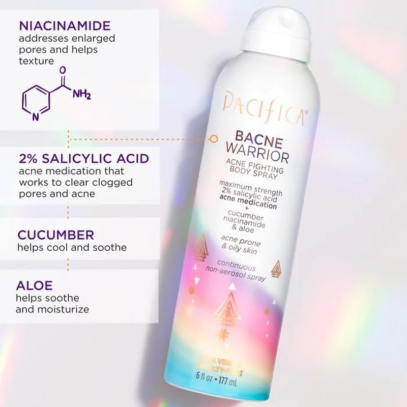 Pacifica Bacne Warrior - Bacne Salicylic Acid Spray, Back Acne Treatment Spray with 2% Salicylic Acid, Niacinamide, and Aloe, Body Acne Warrior for Body, Chest, and Back, Dermatologist Tested- 6 Fl Oz