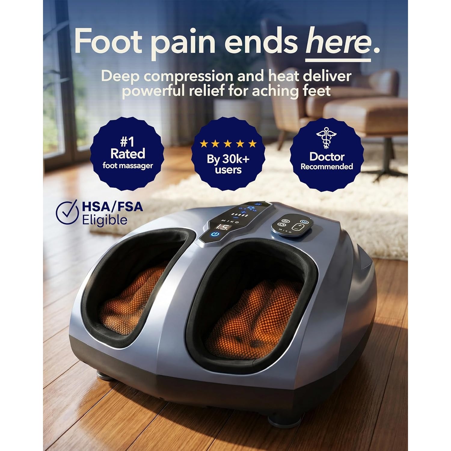 MIKO Foot Massager Machine - Deep Kneading, Shiatsu, Air Compression, and Heat Therapy - Plantar Fasciitis, Diabetics, Neuropathy, Fits up to Men Size 12