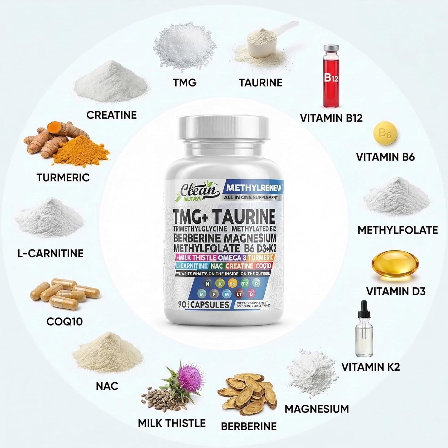 Clean Nutra TMG Supplements 1000Mg | Methylated Multivitamin for Women Men | Taurine B6 Vitamins B12 D3 K2 Trimethylglycine Magnesium Methylfolate Milk Thistle NAC COQ10 B Supplement Complex Capsules
