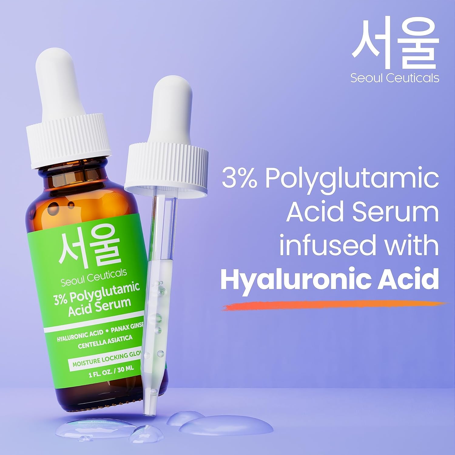 SeoulCeuticals Polyglutamic Acid Serum – Hyaluronic Acid & Centella Asiatica for Intense Hydration & Healthy Glow | 30ml | K-Beauty