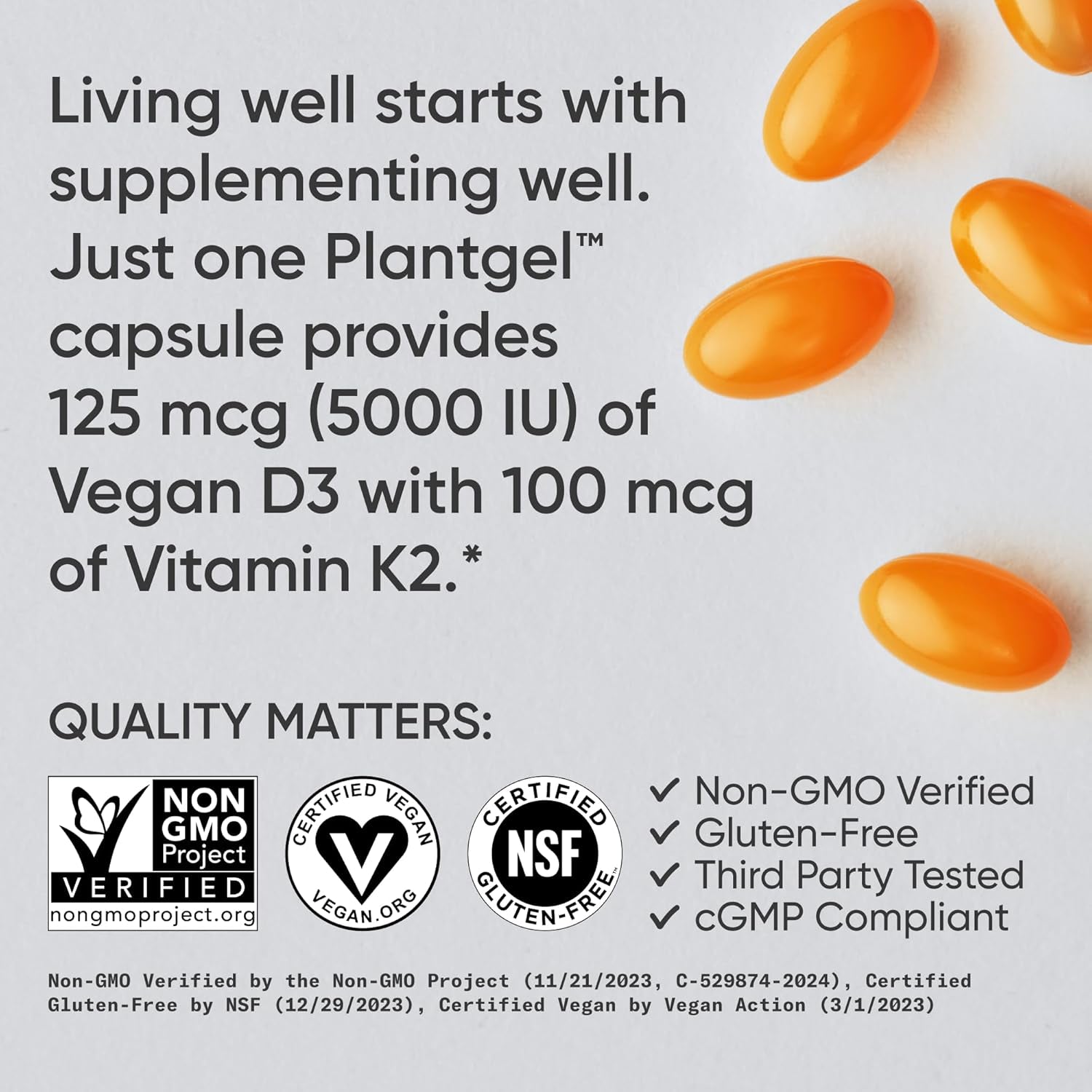 Sports Research Vitamin D3 with K2 Softgels - Plant Based K2 & Vegan D3 5000Iu with Coconut MCT Oil - Vegan Certified, Soy & Gluten Free - 120 Count