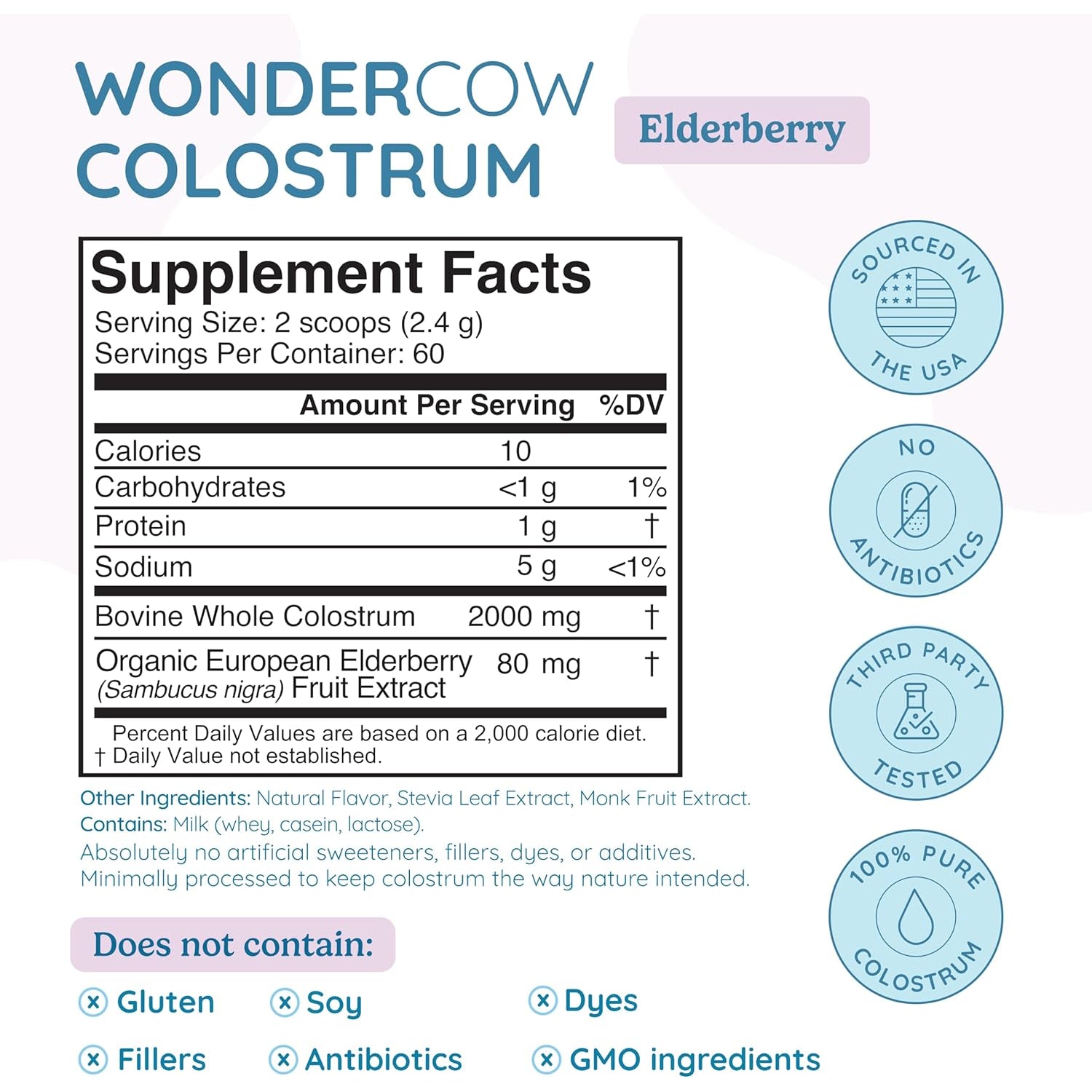 WONDERCOW Colostrum Supplement Powder for Gut Health, Immune Support & Wellness | Natural Igg Pure Whole Bovine Colostrum Superfood, Elderberry, 60 Servings
