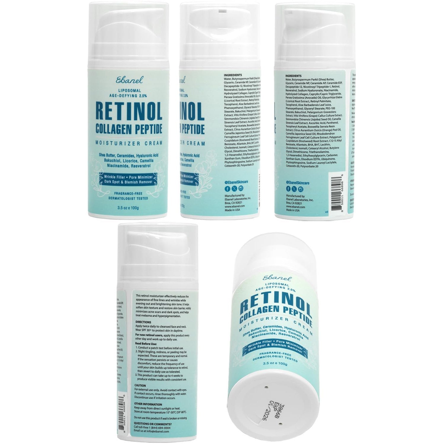 Ebanel Retinol Cream for Face 3.5 Oz, Moisturizer with Collagen, Peptides, Ceramides, Hyaluronic Acid, Vitamin C & B5, Firming anti Aging Face Cream for Wrinkles, Fine Lines, Dark Spots, Day & Night