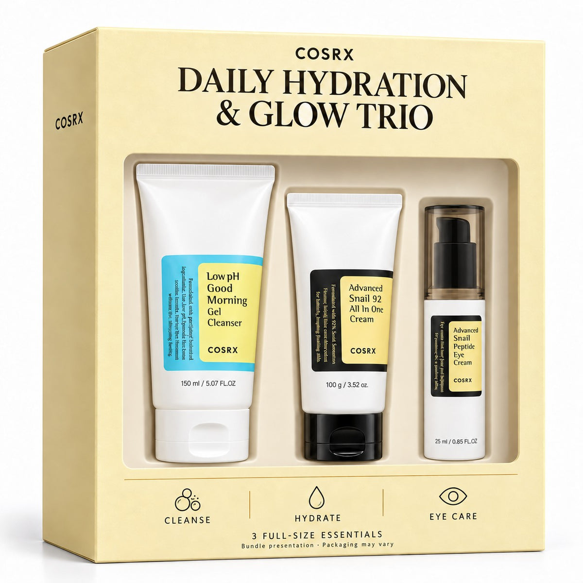 COSRX Daily Hydration & Glow Trio – Gel Cleanser, Snail 92 Cream & Peptide Eye Cream