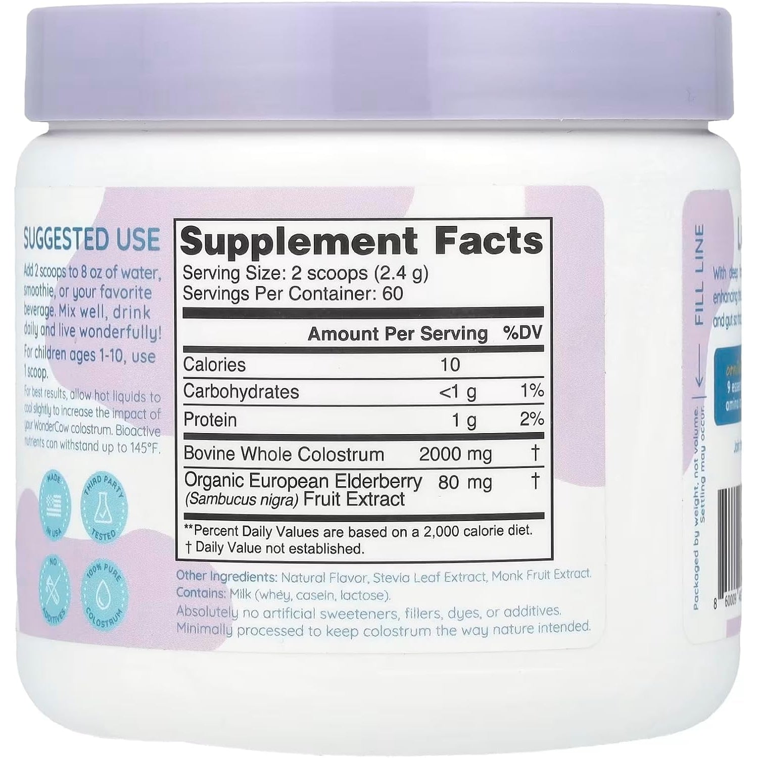 WONDERCOW Colostrum Supplement Powder for Gut Health, Immune Support & Wellness | Natural Igg Pure Whole Bovine Colostrum Superfood, Elderberry, 60 Servings