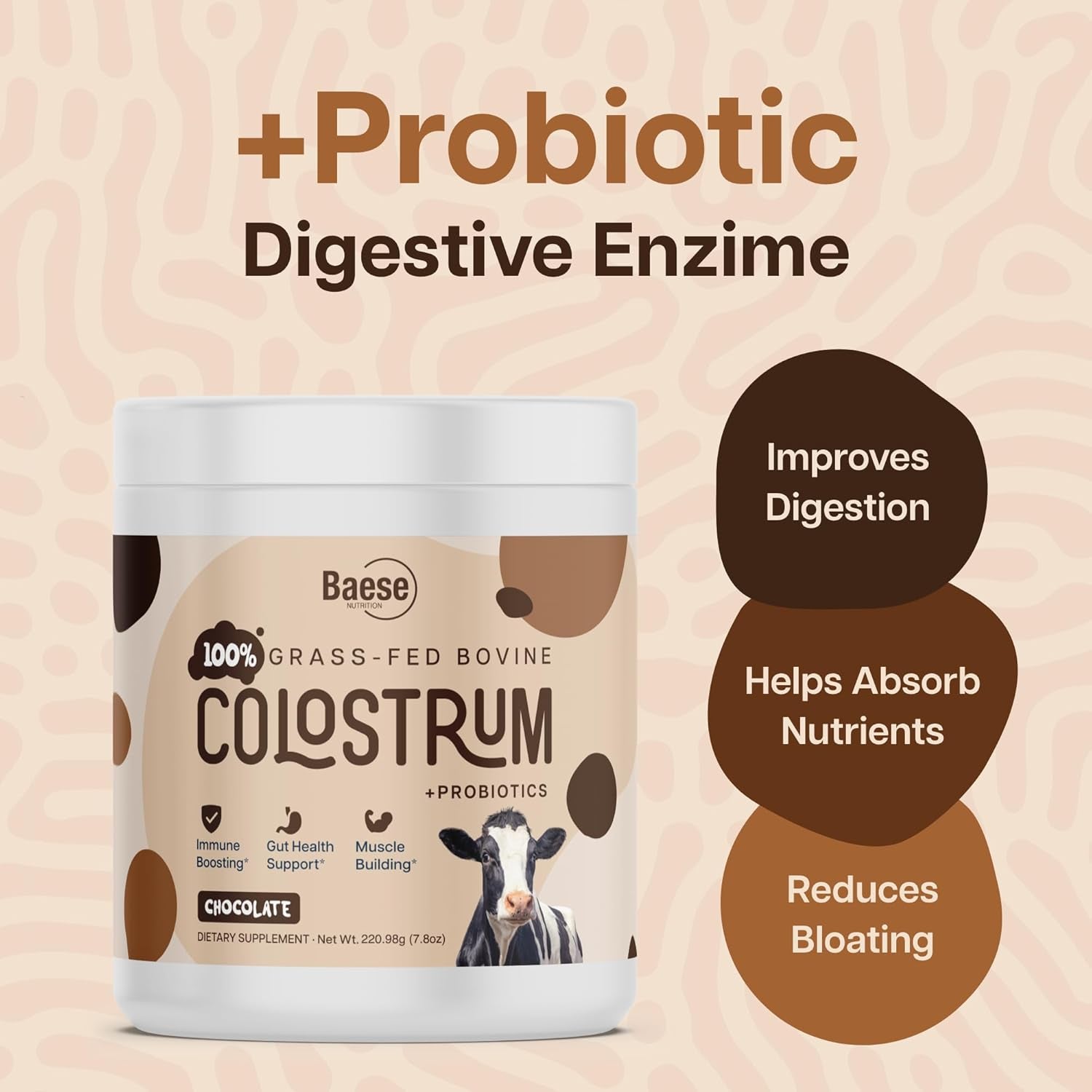 Baese Nutrition 100% Grass-Fed Bovine Colostrum Powder + Probiotics – 220.98g | Immune & Gut Health Support for Adults & Kids (Chocolate Flavor)