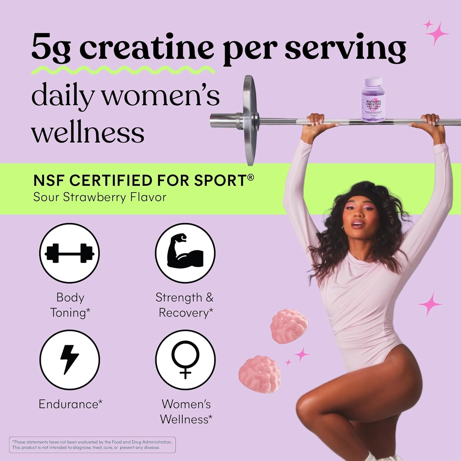 Creatine Monohydrate Gummies for Women and Men, 5G Dose to Support Lean Muscle, Strength, Recovery, Cognitive Health, W/Ginseng for Absorption, Sour Strawberry, NSF Certified, 60 Gummies