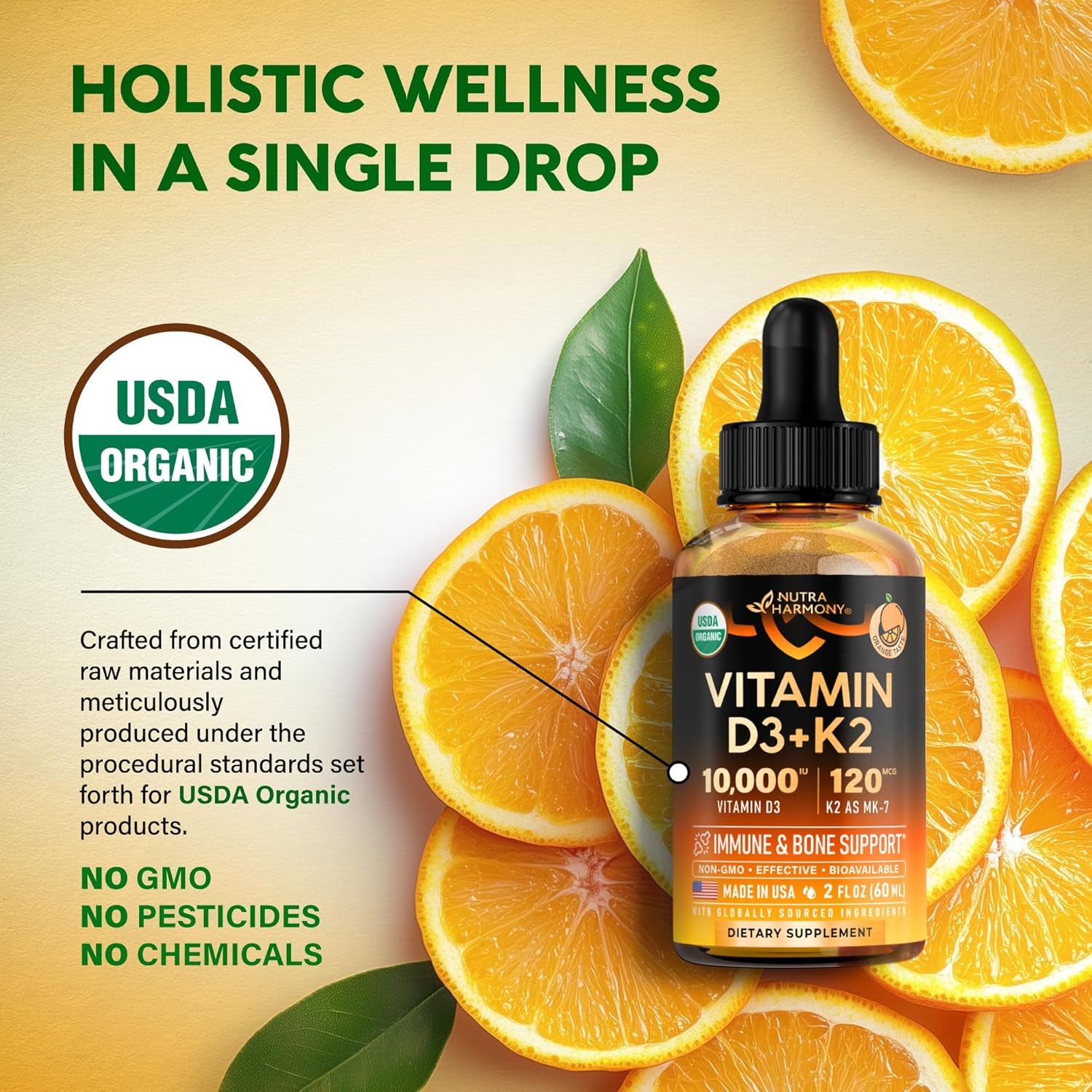NutraHarmony Organic Vitamin D3 10,000 IU & K2 MK-7 Drops – 60ml | 60-Day Supply | Immune, Mood, Bone & Teeth Support | Sugar-Free Orange
