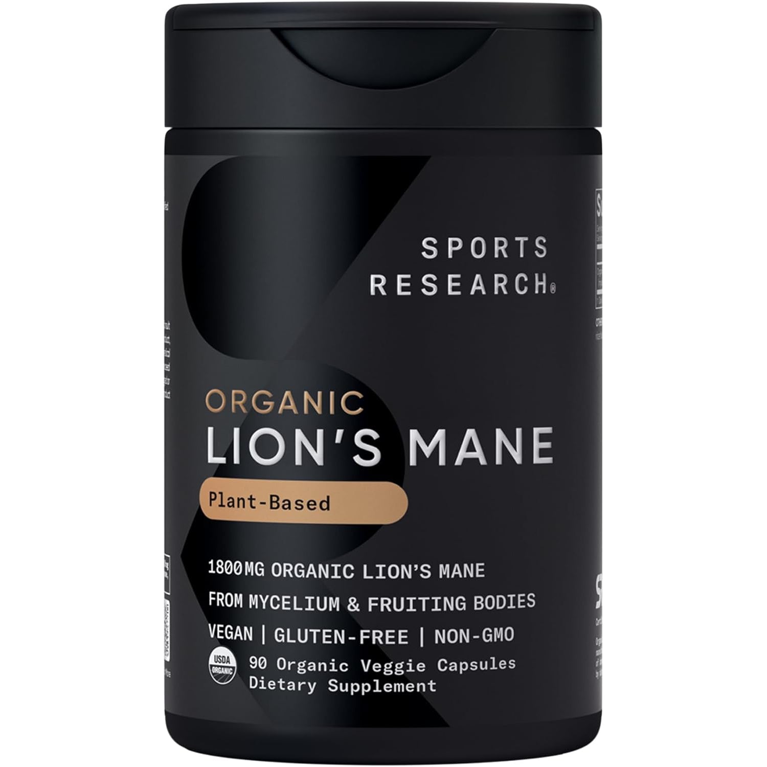 Sports Research® Organic Lion'S Mane Mushroom Supplement 1800Mg - Brain Health, Focus & Cognitive Supports - USDA Certified Organic · Non-Gmo · Vegan - 90 Count Capsules