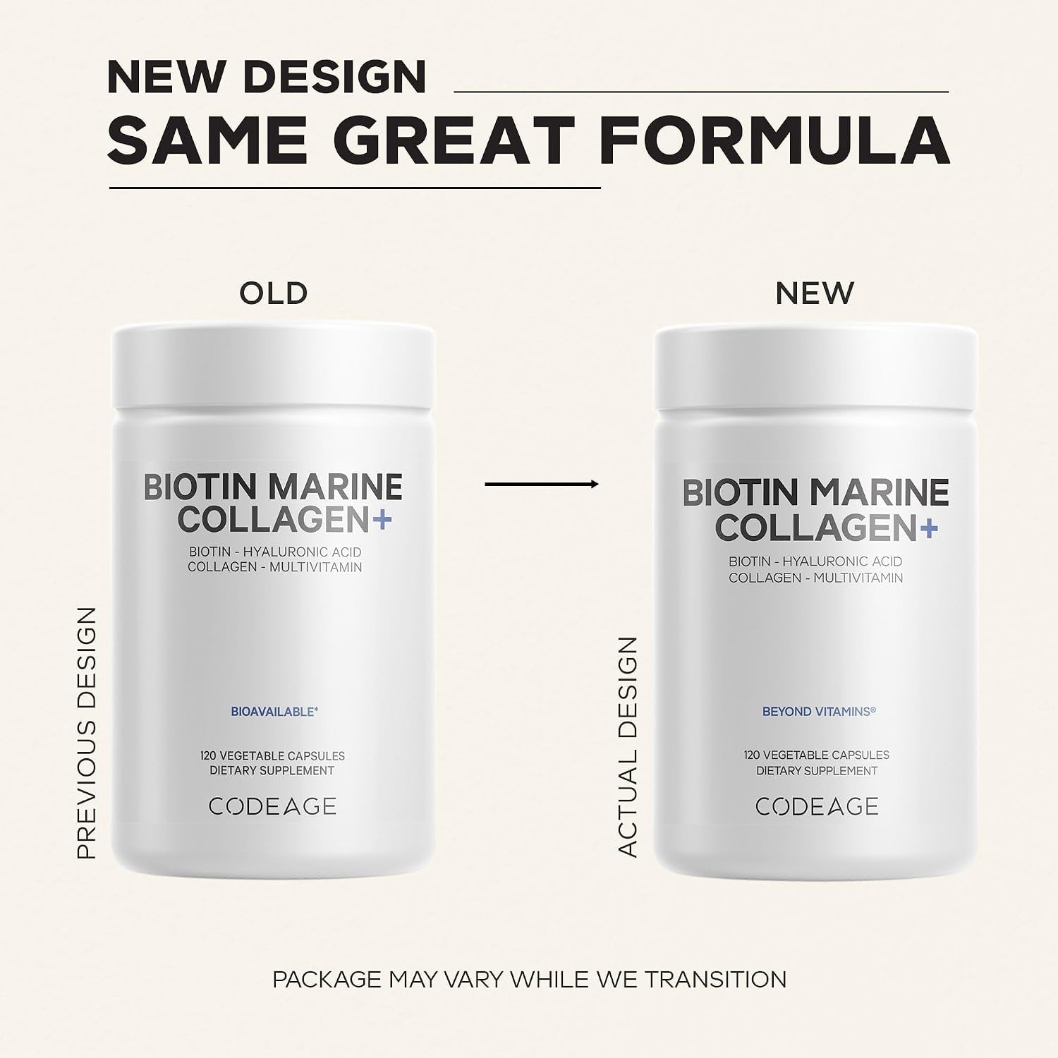 Codeage Biotin Marine Collagen, Hyaluronic Acid, Vitamin C, 120 Capsules | Wild-Caught Marine Collagen Peptides Powder (Types I and III) with Biotin, Vitamins C and E, and Hyaluronic Acid. Non-Gmo.