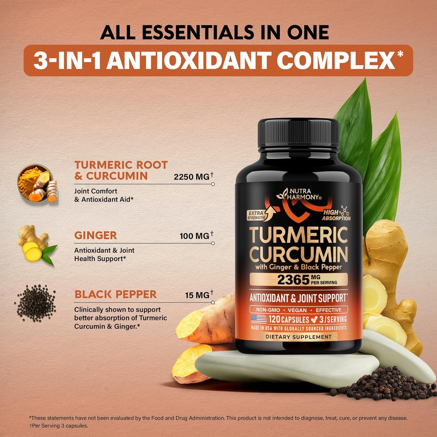 NUTRAHARMONY Turmeric Curcumin Supplement — 120 Capsules | 2,365mg High-Strength Formula | Enhanced Bioavailability | Anti-Inflammatory Support