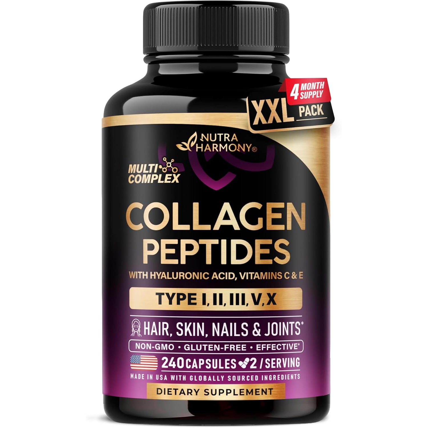 NutraHarmony Multi Collagen Peptides – 240 Capsules | Types I, II, III, V & X | Hyaluronic Acid, Vitamins C & E | Skin, Hair, Nails & Joint Support