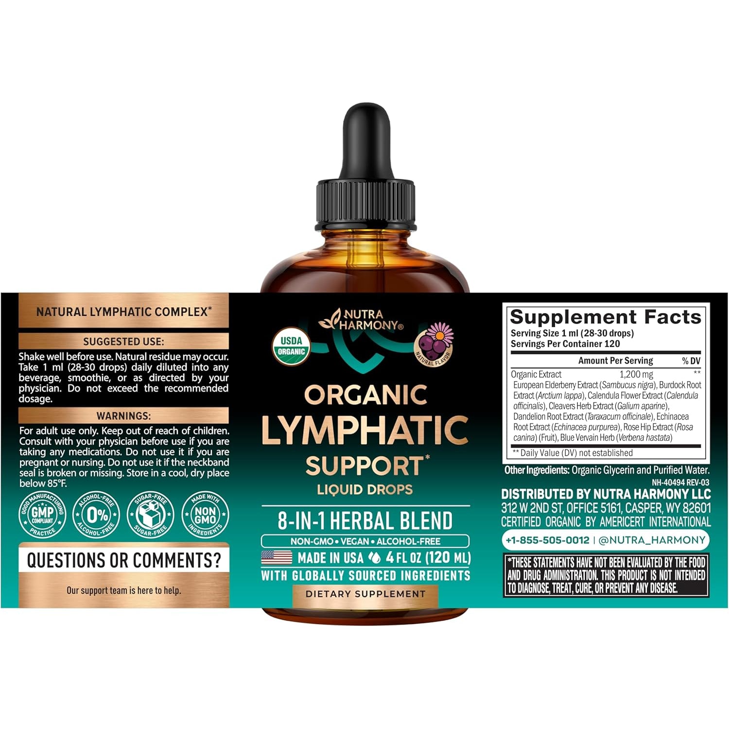 NutraHarmony Organic Lymphatic Drainage Drops – 118ml | Echinacea, Elderberry, Dandelion & Cleavers | Immune Support, Cleanse & Detox