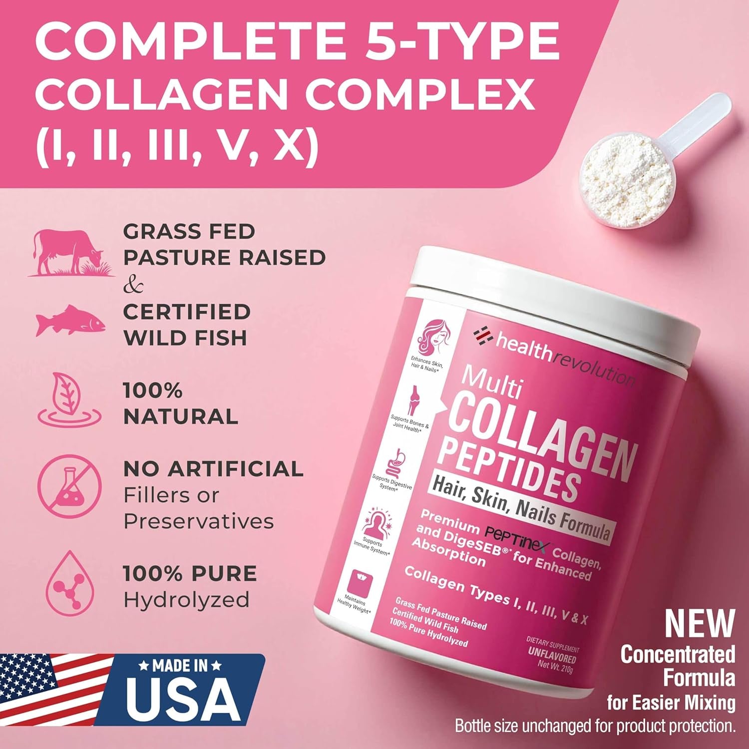 Multi Collagen Peptides Powder – Types I, II, III, V, X, Hydrolyzed Collagen for Women, 99% Absorption, Skin Hair Nails Joints, Triple Refined - No Clumping, Non-Gmo, Gluten Free, Grass Fed Unflavored