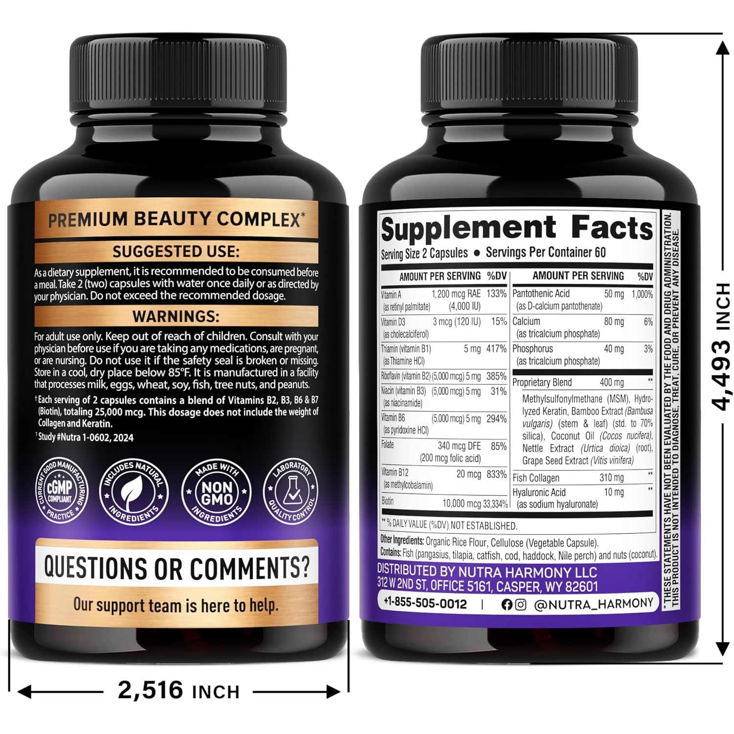 NutraHarmony Biotin, Collagen, Keratin & Hyaluronic Acid Complex – 120 Capsules | 25,000mcg | B Vitamins | Hair Growth, Skin & Nail Support