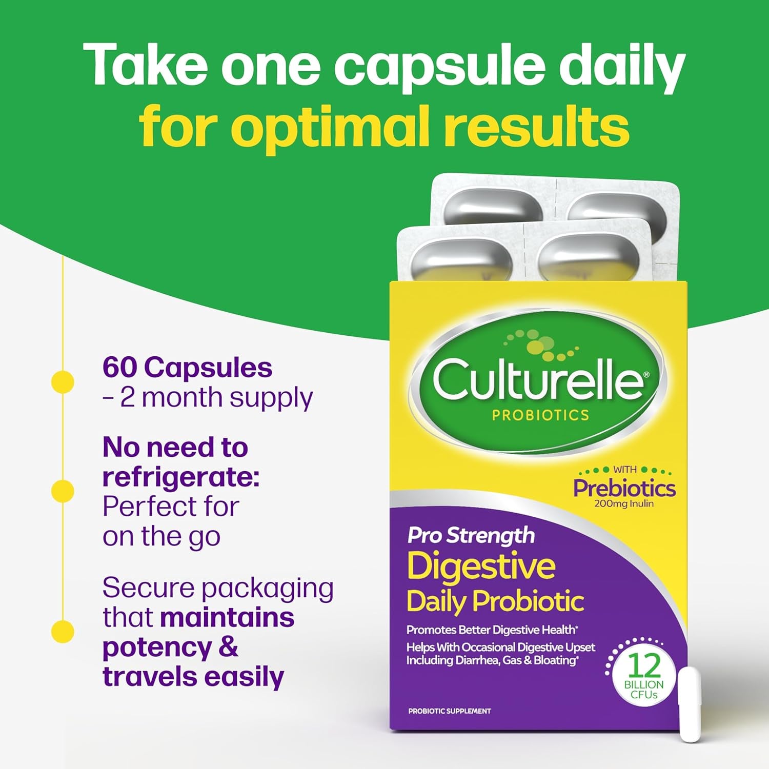 Culturelle Pro Strength Daily Probiotics for Digestive Health (2 Month Supply) with Prebiotics for Women & Men, Supports Occasional Diarrhea, Gas & Bloating, Gluten & Soy Free, 60 Count