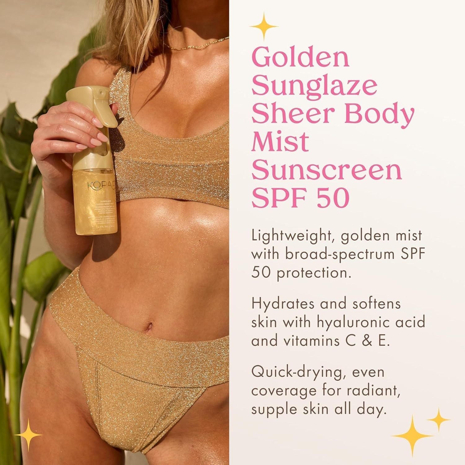 Kopari Golden SunGlaze Sheer Body Mist Sunscreen SPF 50 – 150ml | Lightweight, Hydrating Sun Protection