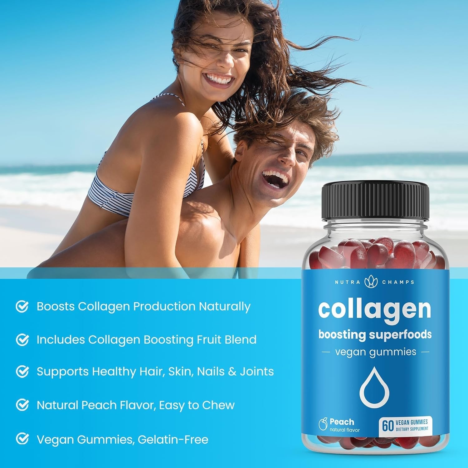 Collagen Boosting Gummies, Collagen Booster Gummy for Natural Collagen Production, Vegan Pectin Supplements Chews for Women & Men, 60 Peach Vitamins Gummies