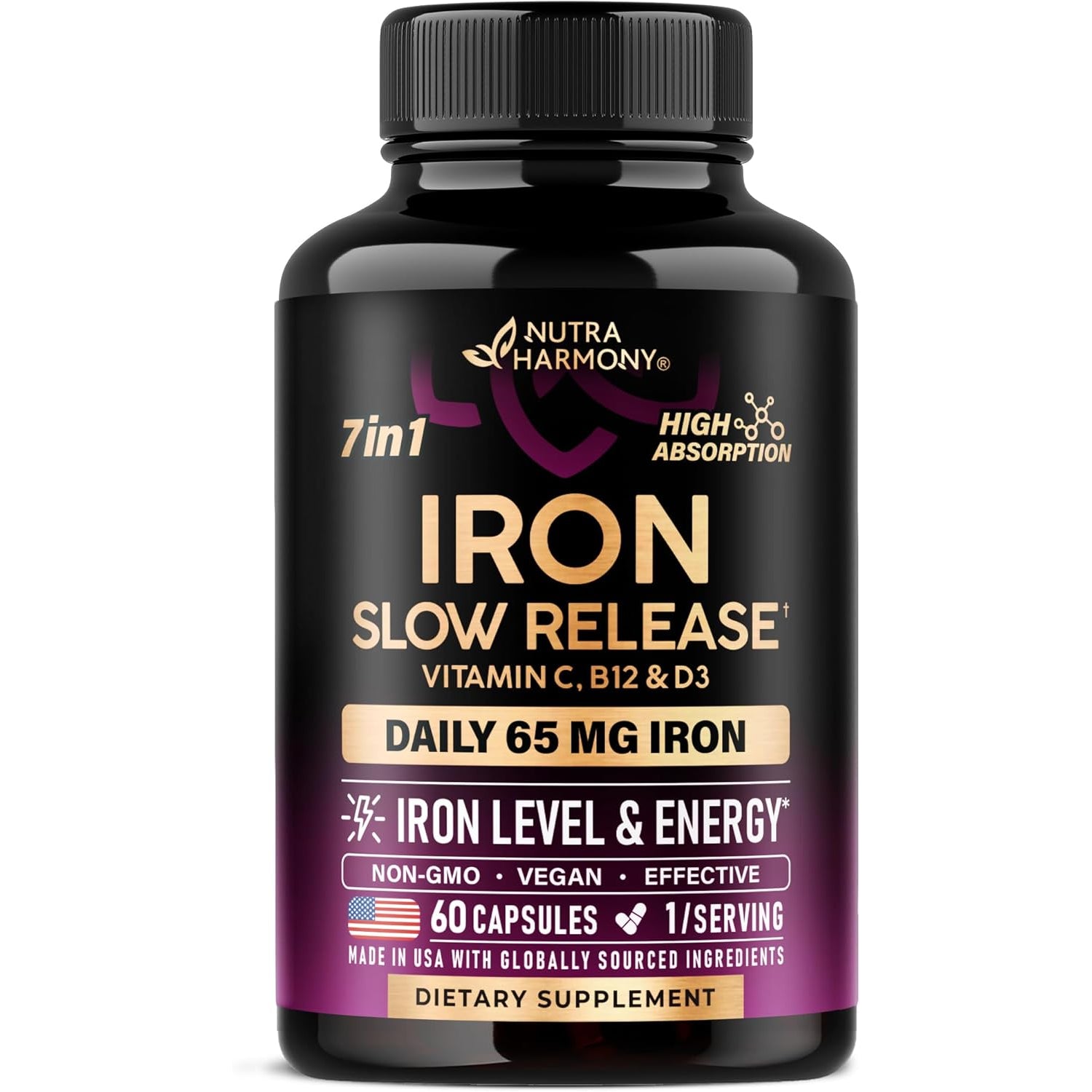 NUTRAHARMONY Gentle Iron Supplement for Women — 60 Capsules | Non-Constipating, High-Absorption Formula | Vegan