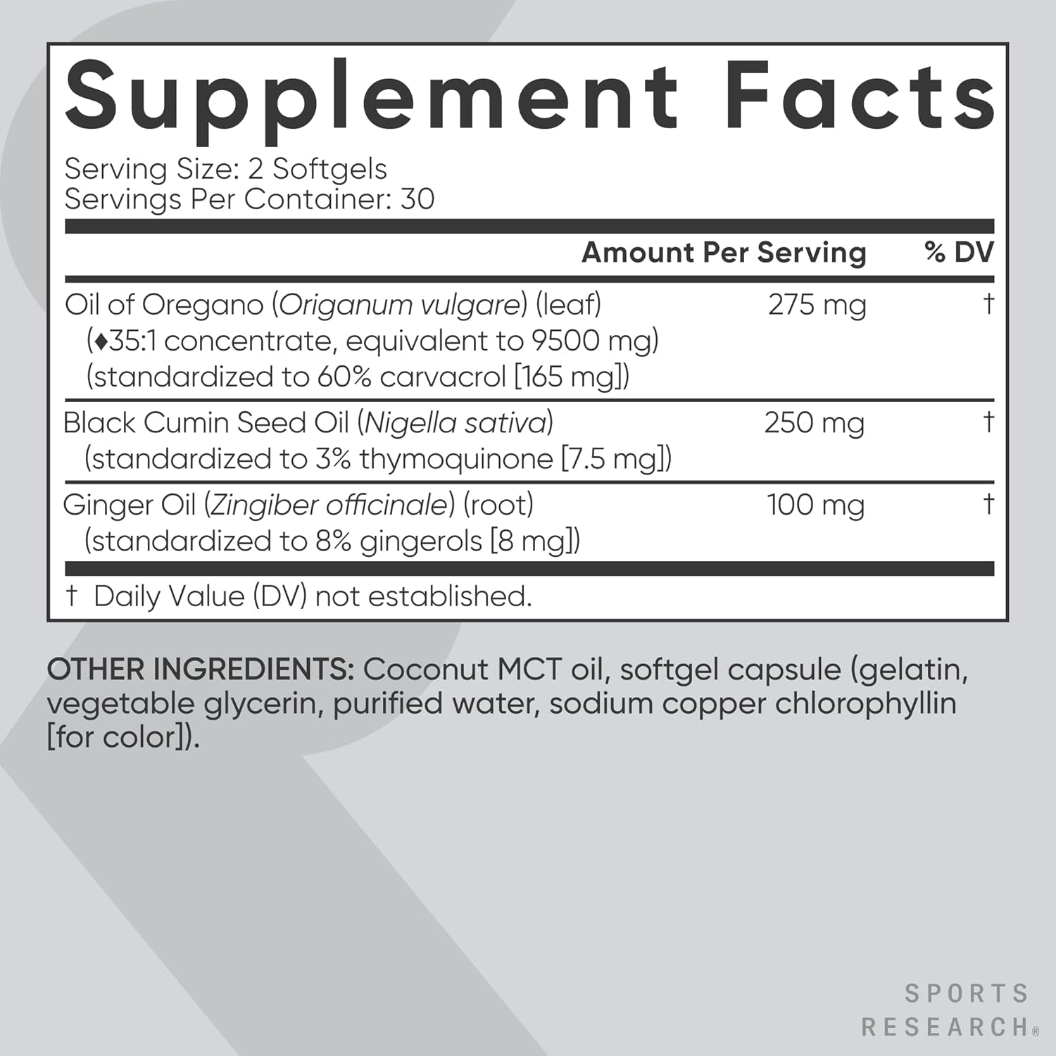 Sports Research® Oil of Oregano 9500Mg W/Black Seed Oil & Coconut MCT Oil - Antioxidant Combination Supplement Rich in Thymoquinone & Carvacrol - Gluten Free · Non-Gmo - 60 Softgels