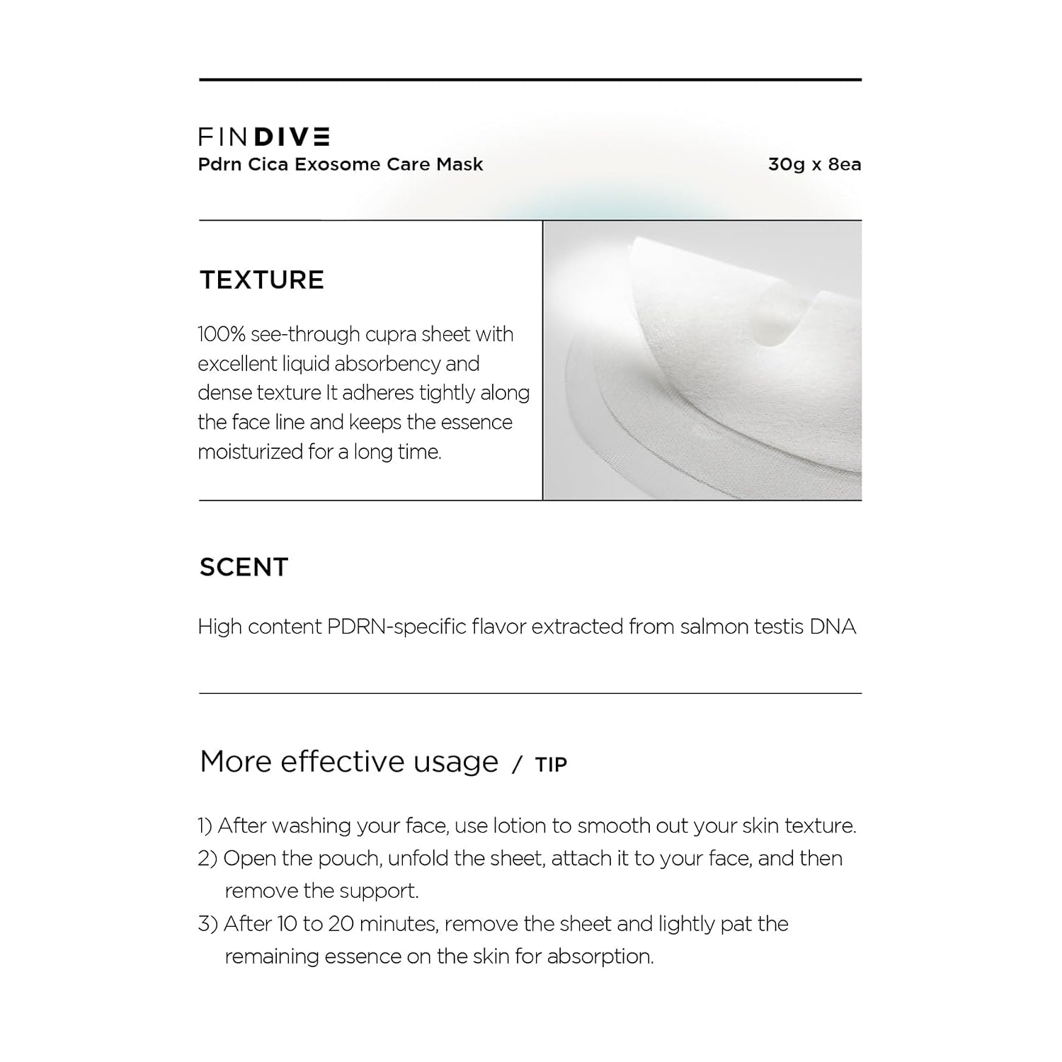 FINDIVE OFFICIAL PDRN CICA Exosome Care Mask, PDRN (Sodium DNA) 5,000Ppm, Cica Exosome, Marin Collagen, Soothes, Regenerates Skin, Korean Skincare 1.05Fl.Oz* 8 Sheets