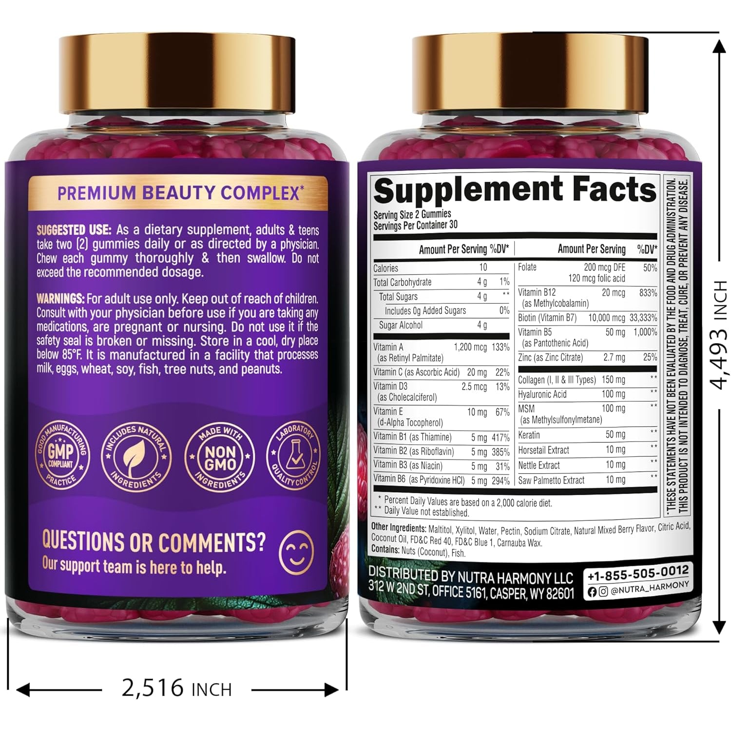 NUTRAHARMONY Biotin, Collagen & Hyaluronic Acid Gummies | Hair, Skin & Nail Support | Sugar-Free | 60 Count