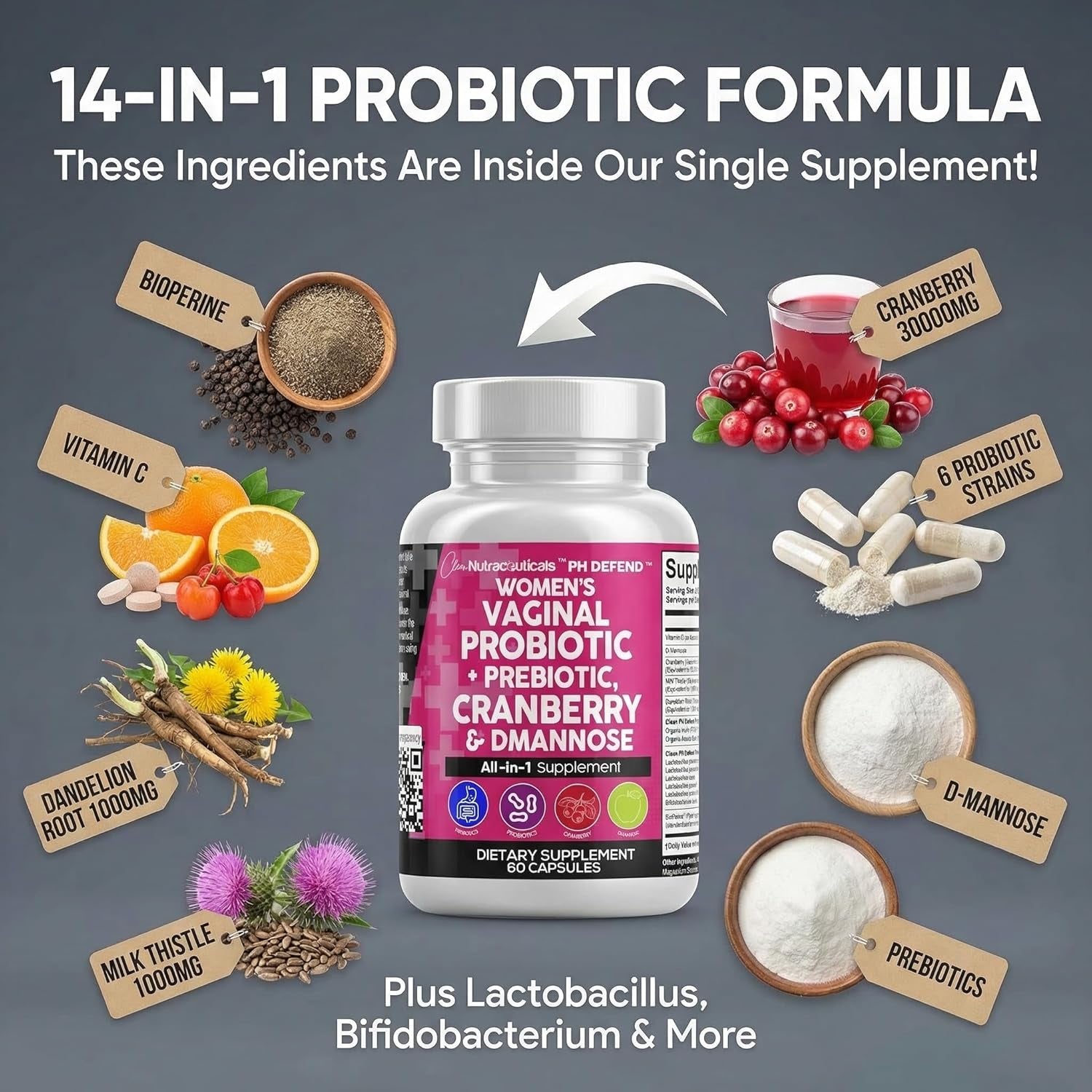 Clean Nutraceuticals Vaginal Probiotic & Cranberry Complex – 60 Capsules | D-Mannose, Prebiotics & pH Balance | Feminine Health & Urinary Tract Support