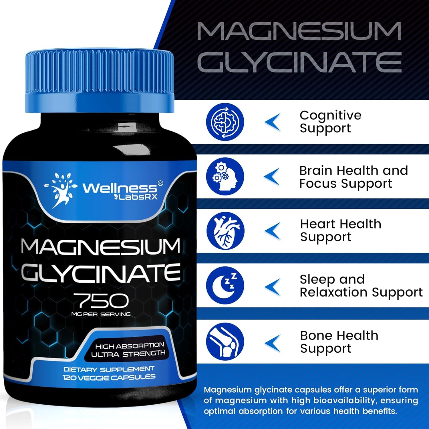 Magnesium Glycinate 750Mg | High Absorption Chelated Calm Support for Women and Men - Glicinato De Magnesio, Magnesium Chelate Supplement for Heart Health, Sleep Support - 120 Count