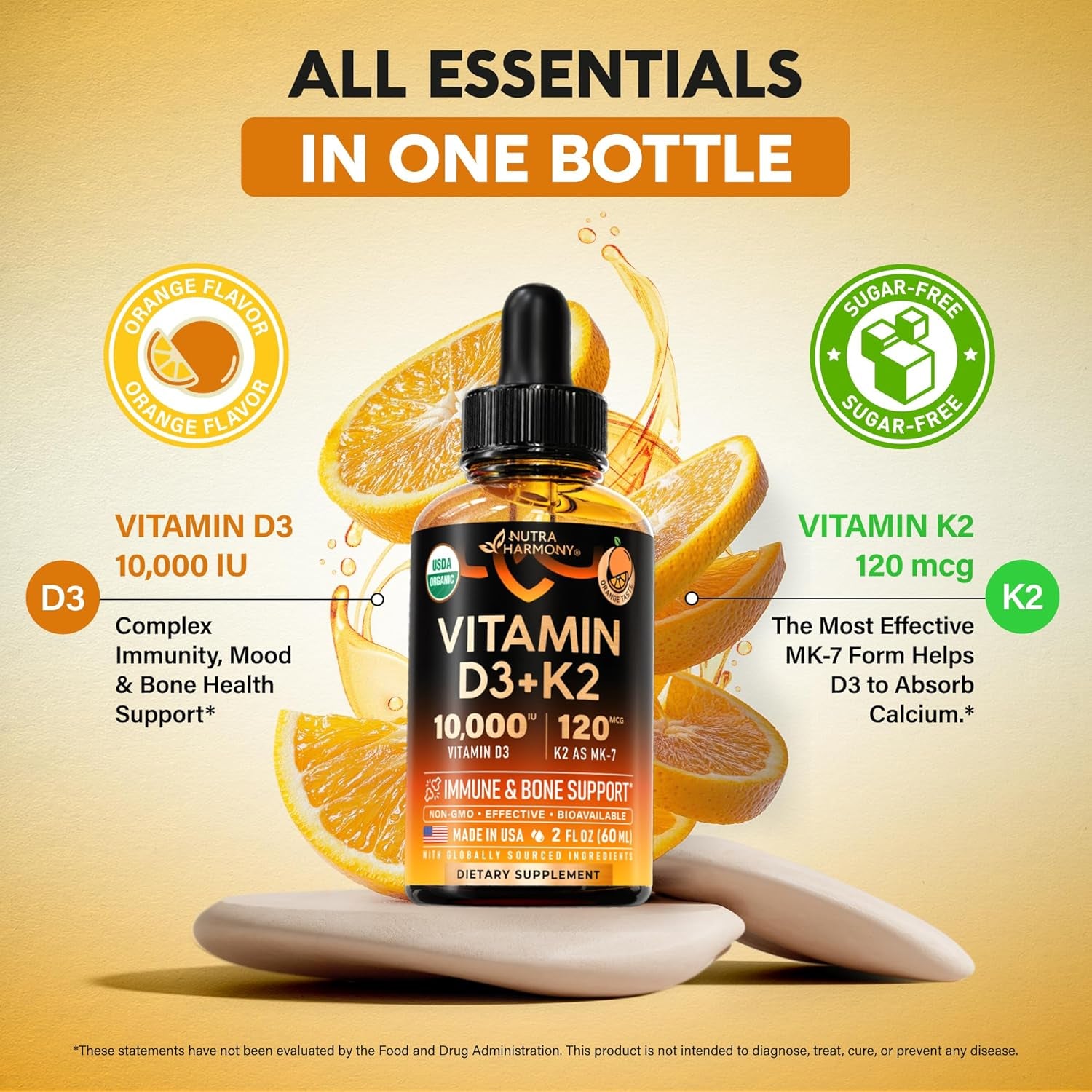 NutraHarmony Organic Vitamin D3 10,000 IU & K2 MK-7 Drops – 60ml | 60-Day Supply | Immune, Mood, Bone & Teeth Support | Sugar-Free Orange