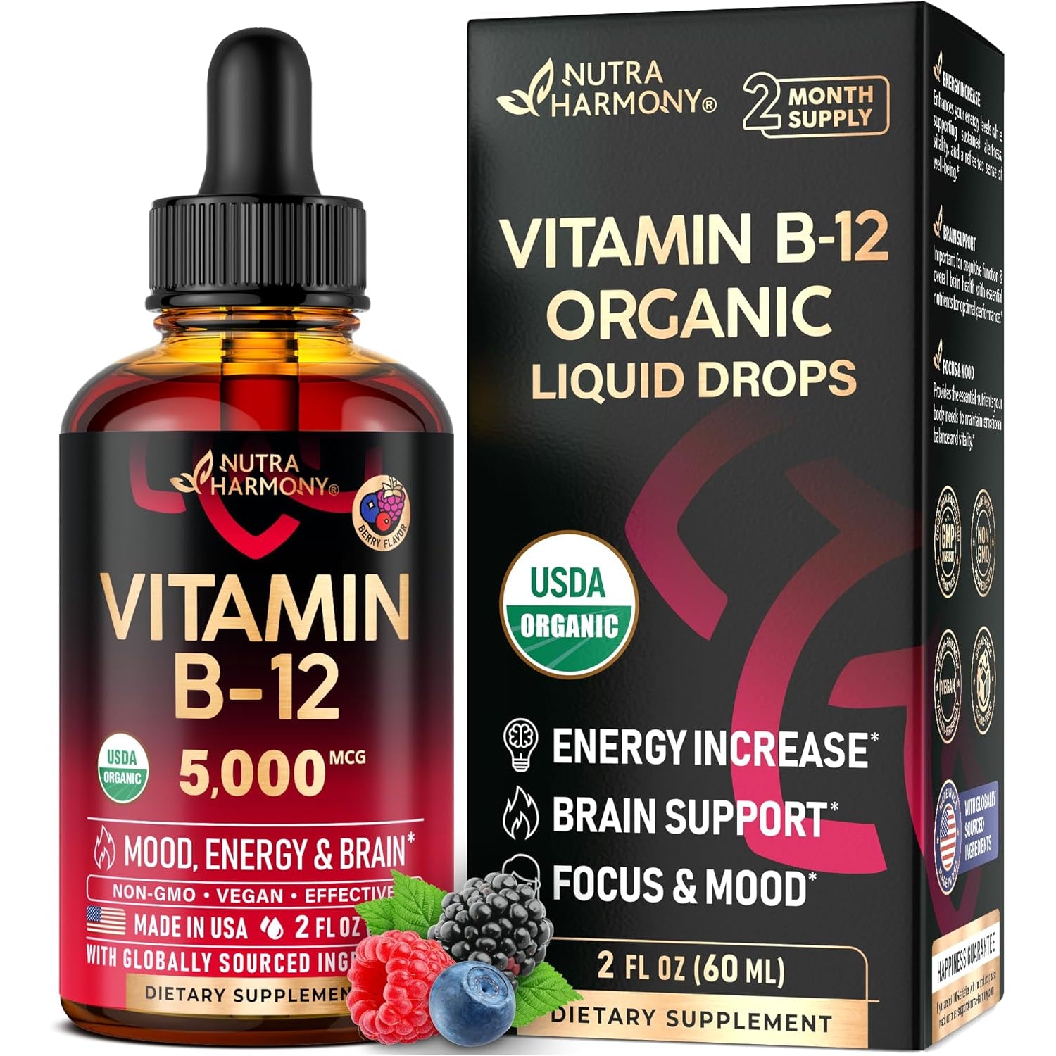 NUTRAHARMONY USDA Organic Vitamin B12 Sublingual Drops — 59ml | 5,000mcg Liquid Methylcobalamin | Energy, Focus, Mood & Brain Health | Vegan | 2 Month Supply