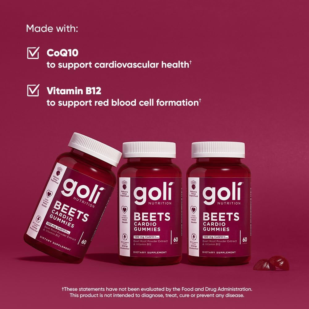 Goli Beets Cardio Gummies with Coq10 and Vitamin B12 - Beetroot Extract - Cardiovascular Wellness - Vegan, Non-Gmo, Gluten-Free