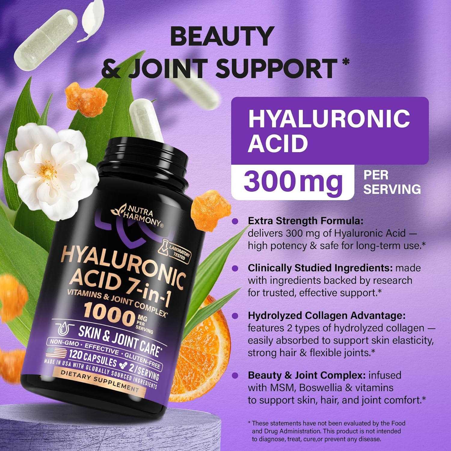 NUTRAHARMONY Hyaluronic Acid Supplement 1,000mg — 120 Capsules | Internal Skin Hydration, Joint Lubrication & Anti-Ageing Support