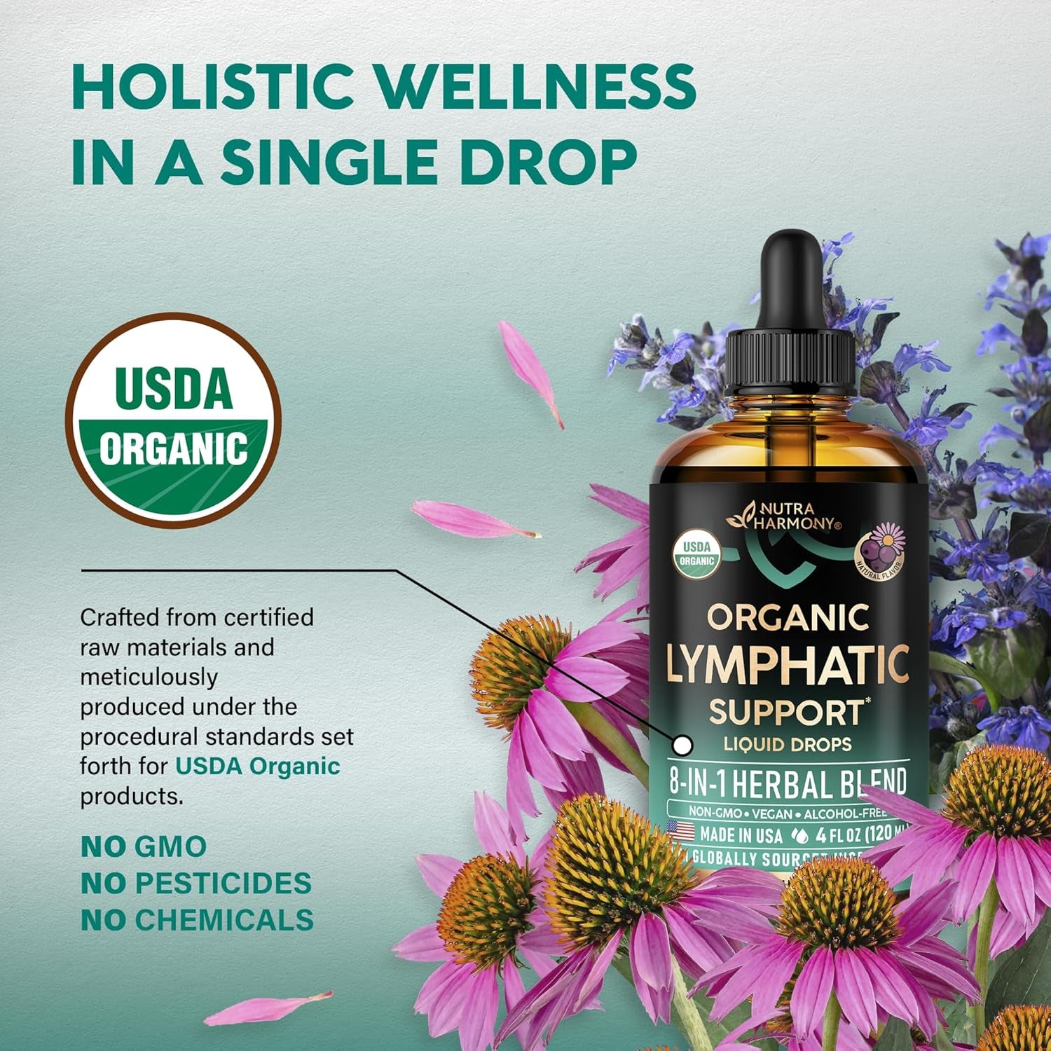 NutraHarmony Organic Lymphatic Drainage Drops – 118ml | Echinacea, Elderberry, Dandelion & Cleavers | Immune Support, Cleanse & Detox