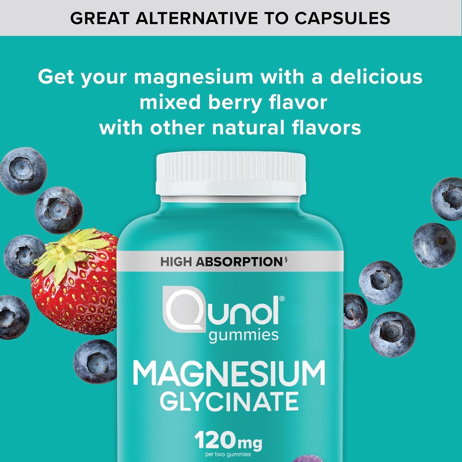 Qunol Magnesium Glycinate Gummies, 120Mg of Magnesium Glycinate, High Absorption, Mixed Berry, 90 Count (Pack of 1)