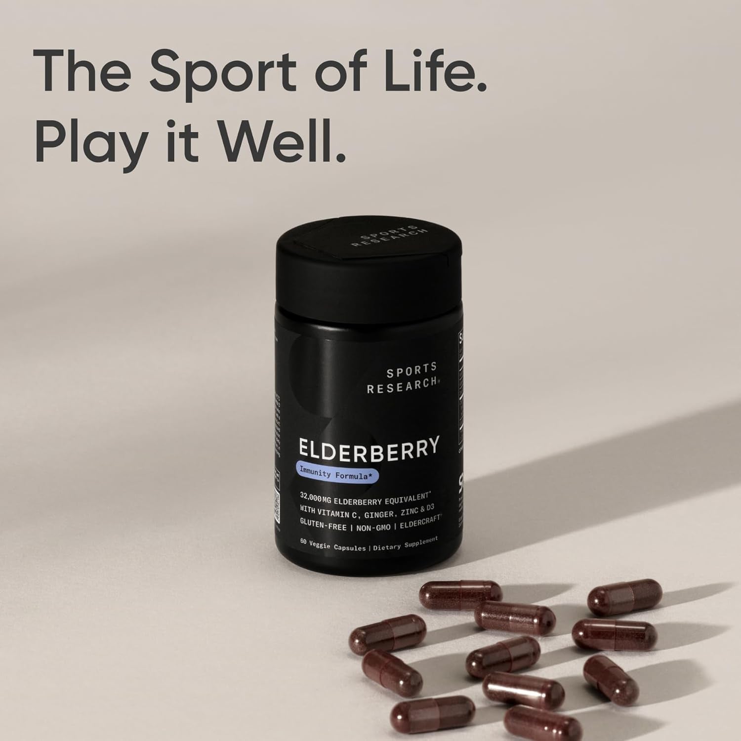 Sports Research® Elderberry Immune Support with Zinc, Ginger, Vitamin C & D3 - Vegan Friendly · Non-Gmo · Gluten Free - 60 Veggie Capsules