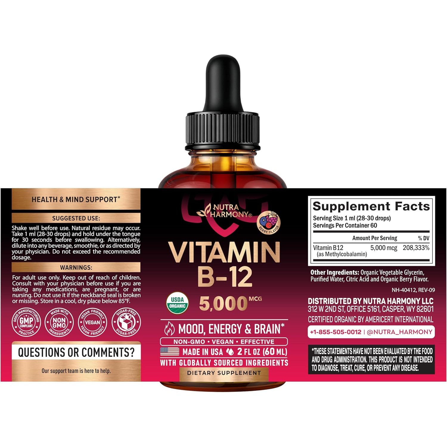 NUTRAHARMONY USDA Organic Vitamin B12 Sublingual Drops — 59ml | 5,000mcg Liquid Methylcobalamin | Energy, Focus, Mood & Brain Health | Vegan | 2 Month Supply