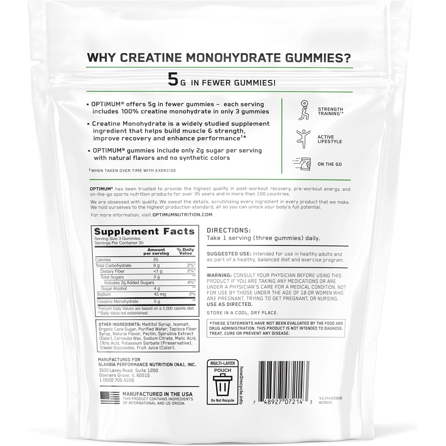 Optimum Nutrition Creatine Monohydrate Gummies, Blue Raspberry Flavor, 105 Count, 35 Servings, 5G Creatine per Serving (Packaging May Vary)