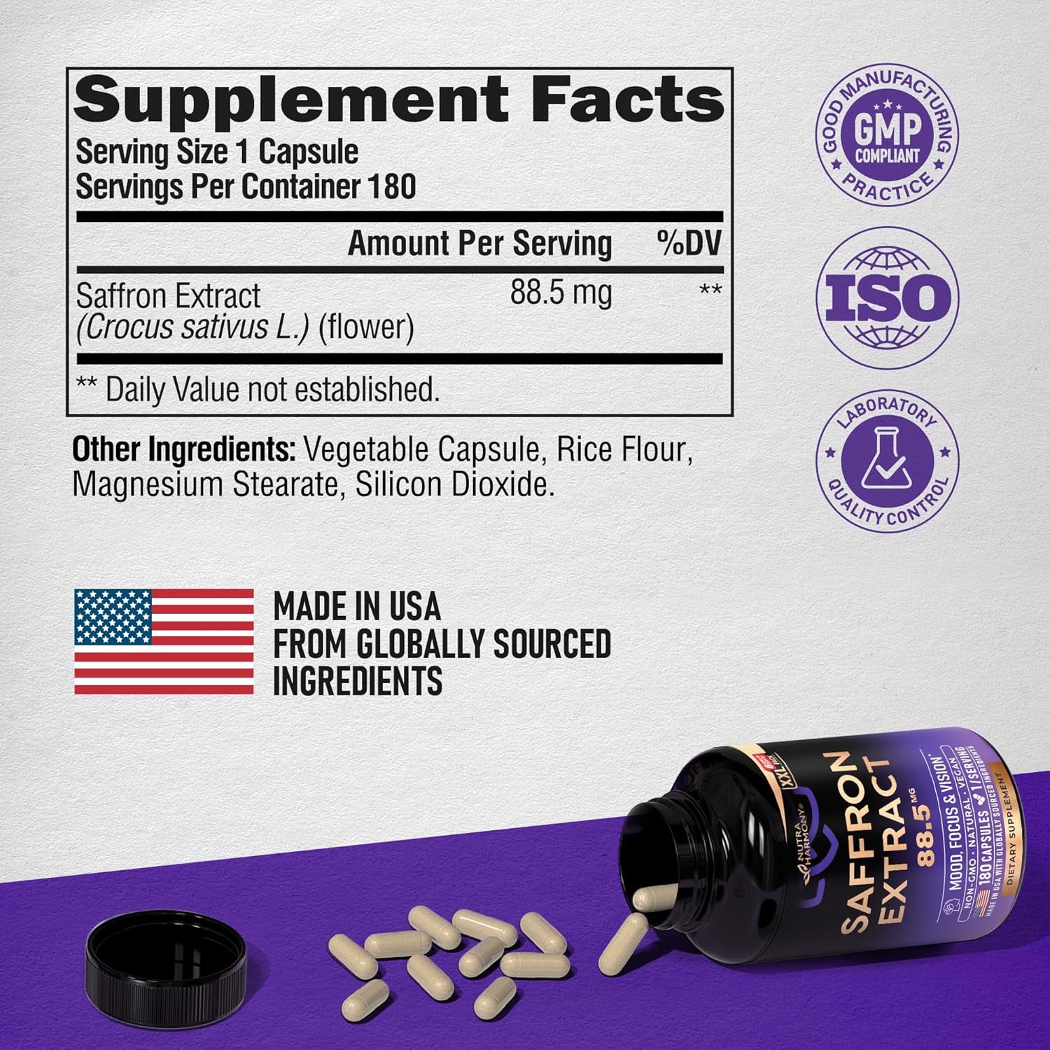 NutraHarmony Pure Saffron Extract 88.5mg – 180 Vegan Capsules | 6-Month Supply | Mood, Focus, Vision & Energy Support | Lab Tested